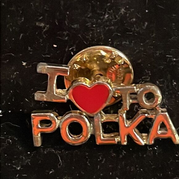 Vintage-1970s-gold tone & red enamel “I love to Polka” hat/lapel pin/tie tack - Picture 5 of 11